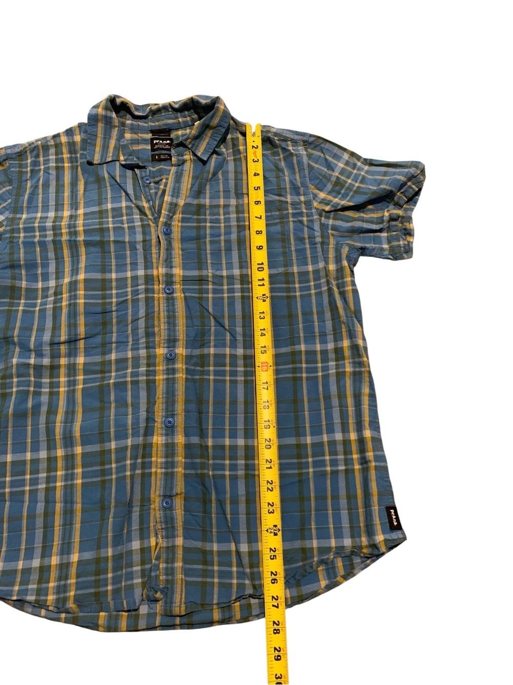 PrAna Organic Cotton Plaid Button Up Shirt Large Blue Green Hiking Outdoor Camp - Picture 7 of 8